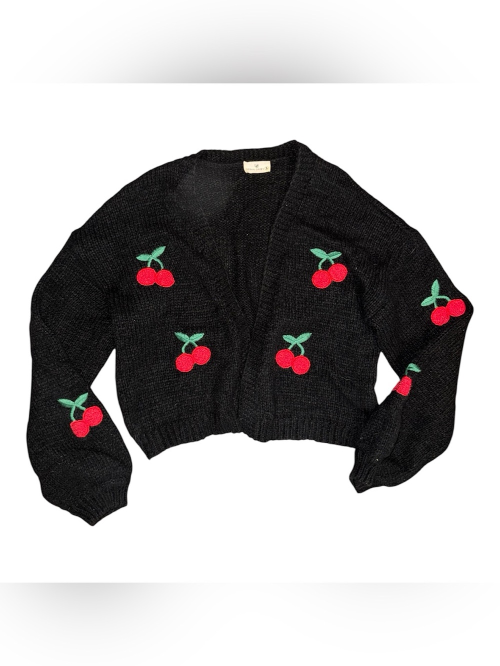 Black Cherry-Embroidered Cropped Cardigan Sweater